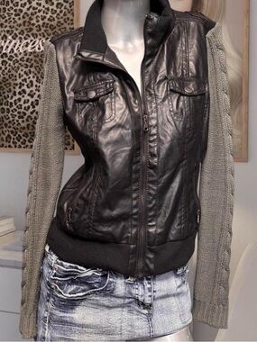 Y2K Faux-leather Jacket with knit sleeves